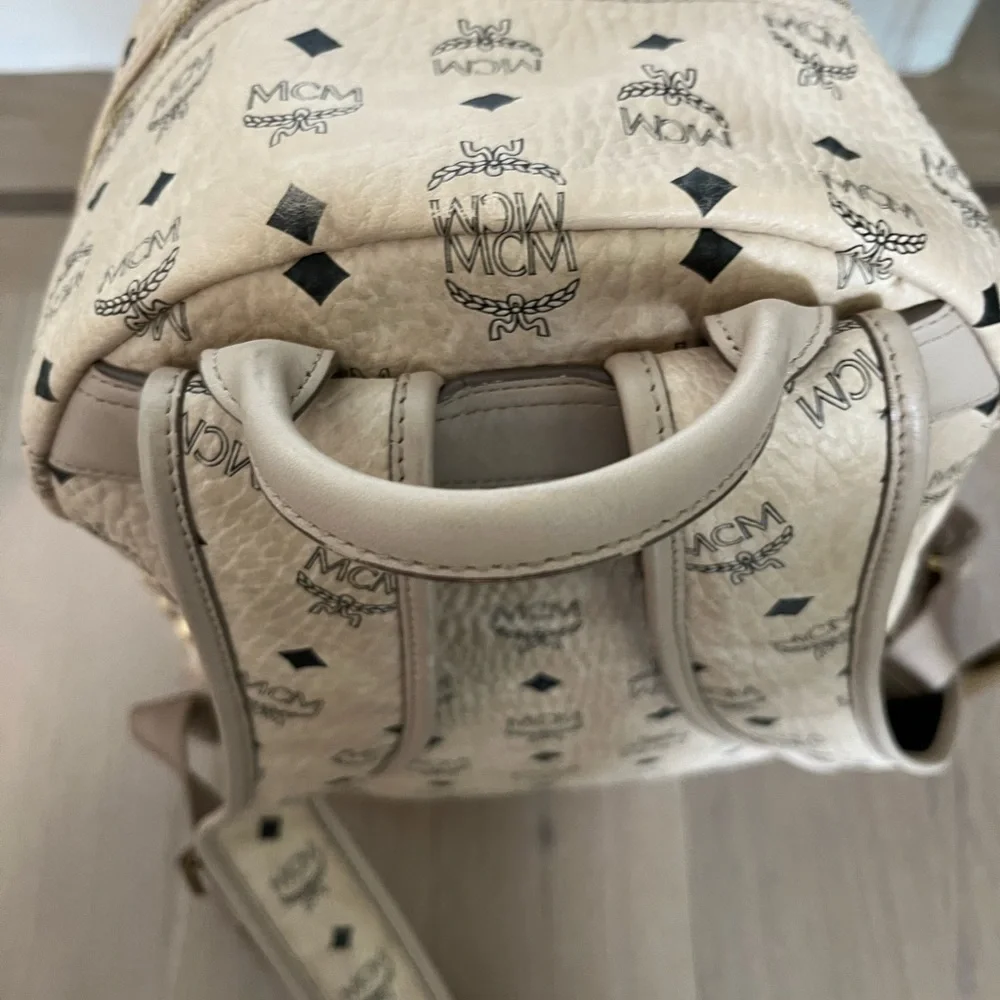 MCM Stark Side Studded Canvas Large Backpack Beige